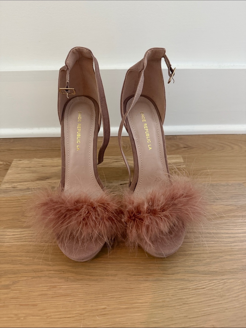 Shoe Republic LA Dusty Rose Feather-Trim Ankle Strap Heels